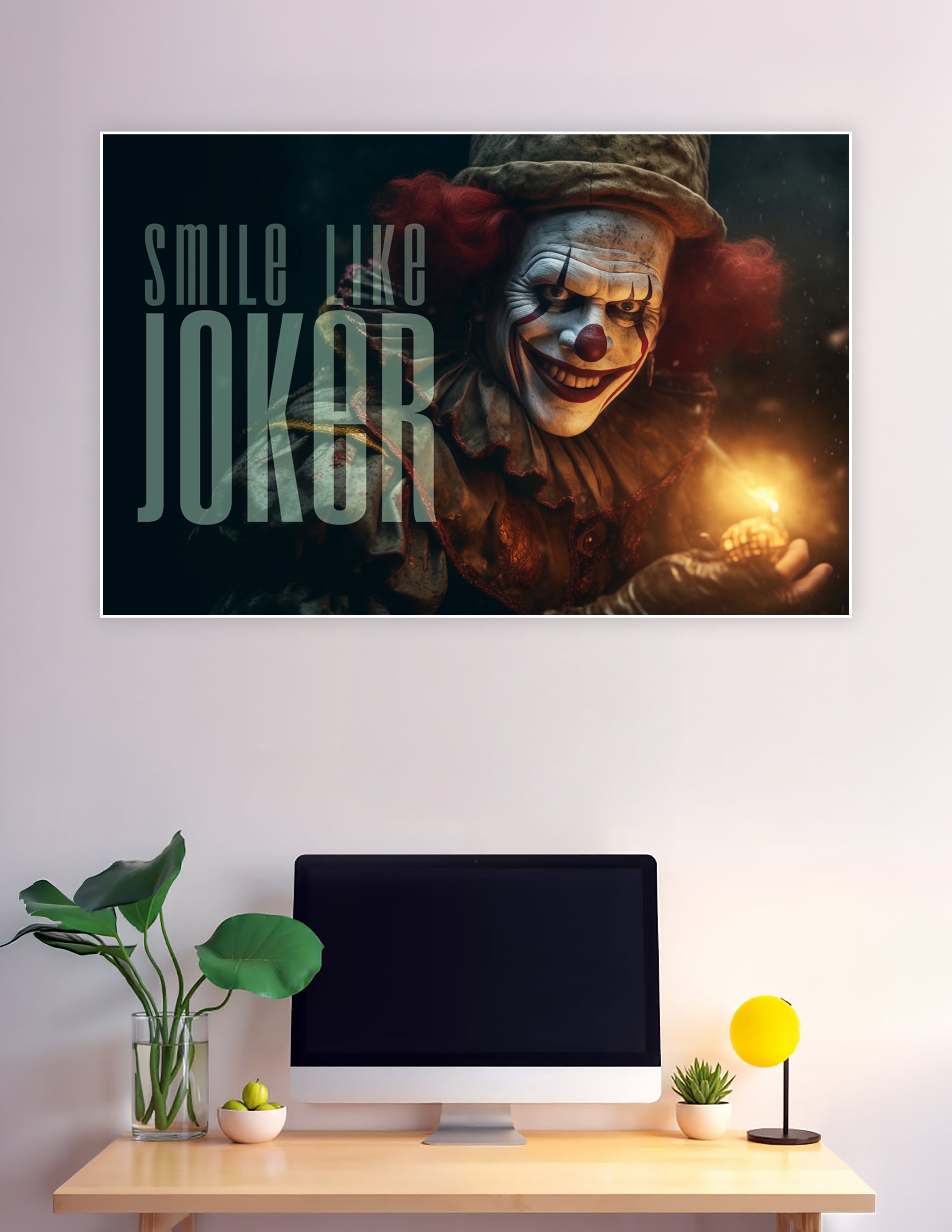 Sinister grinning clown in dark atmospheric lighting holding a glowing flame with bold 'Smile Like Joker' typography overlay