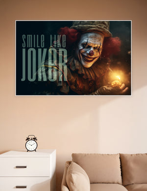 Sinister grinning clown in dark atmospheric lighting holding a glowing flame with bold 'Smile Like Joker' typography overlay