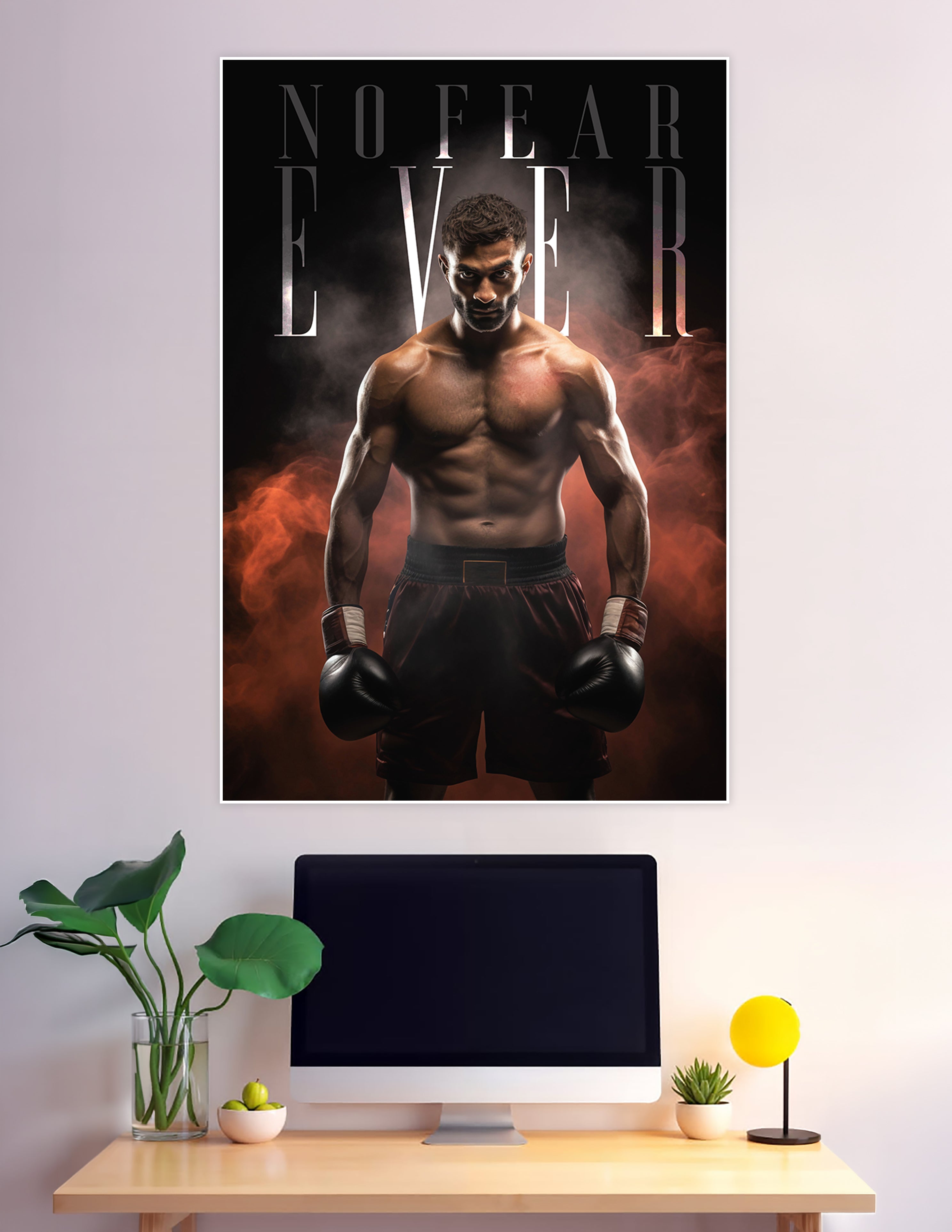 Muscular shirtless boxer in black gloves standing in dramatic red smoke with bold 'No Fear Ever' text on dark background motivational poster