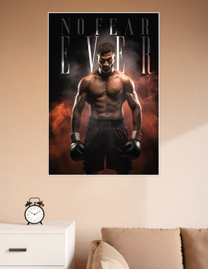 Muscular shirtless boxer in black gloves standing in dramatic red smoke with bold 'No Fear Ever' text on dark background motivational poster