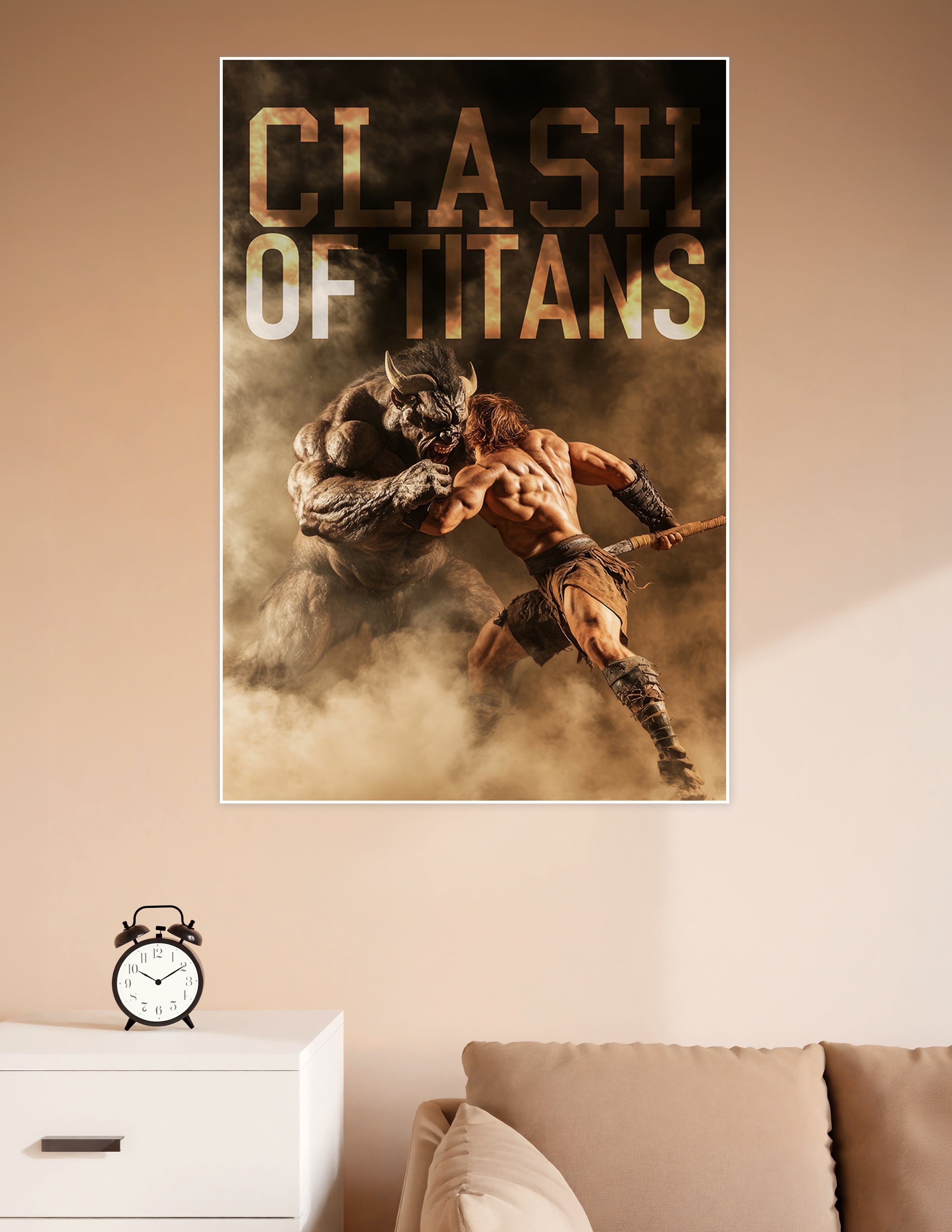 Clash of Titans poster showing a muscular warrior fighting a horned demon beast amid golden smoke and fire