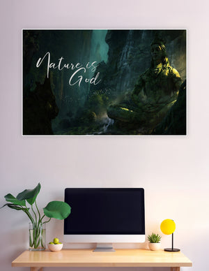Lord Shiva moss-covered statue meditating in a mystical canyon with waterfalls and the text 'Nature is God' – spiritual wall poster