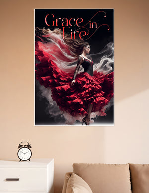 Flamenco dancer in a sweeping red ruffled gown surrounded by dramatic smoke on a black background with the title Grace in Fire