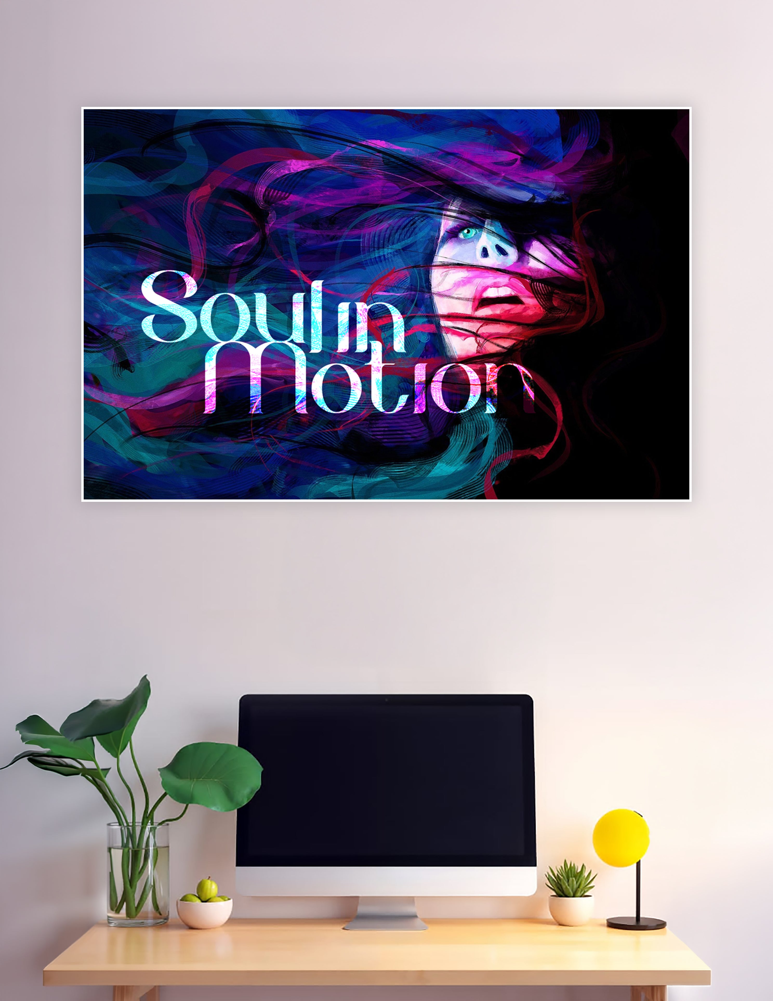 Abstract digital art poster of a woman's face surrounded by swirling waves of blue, purple, and red with the text Soul In Motion