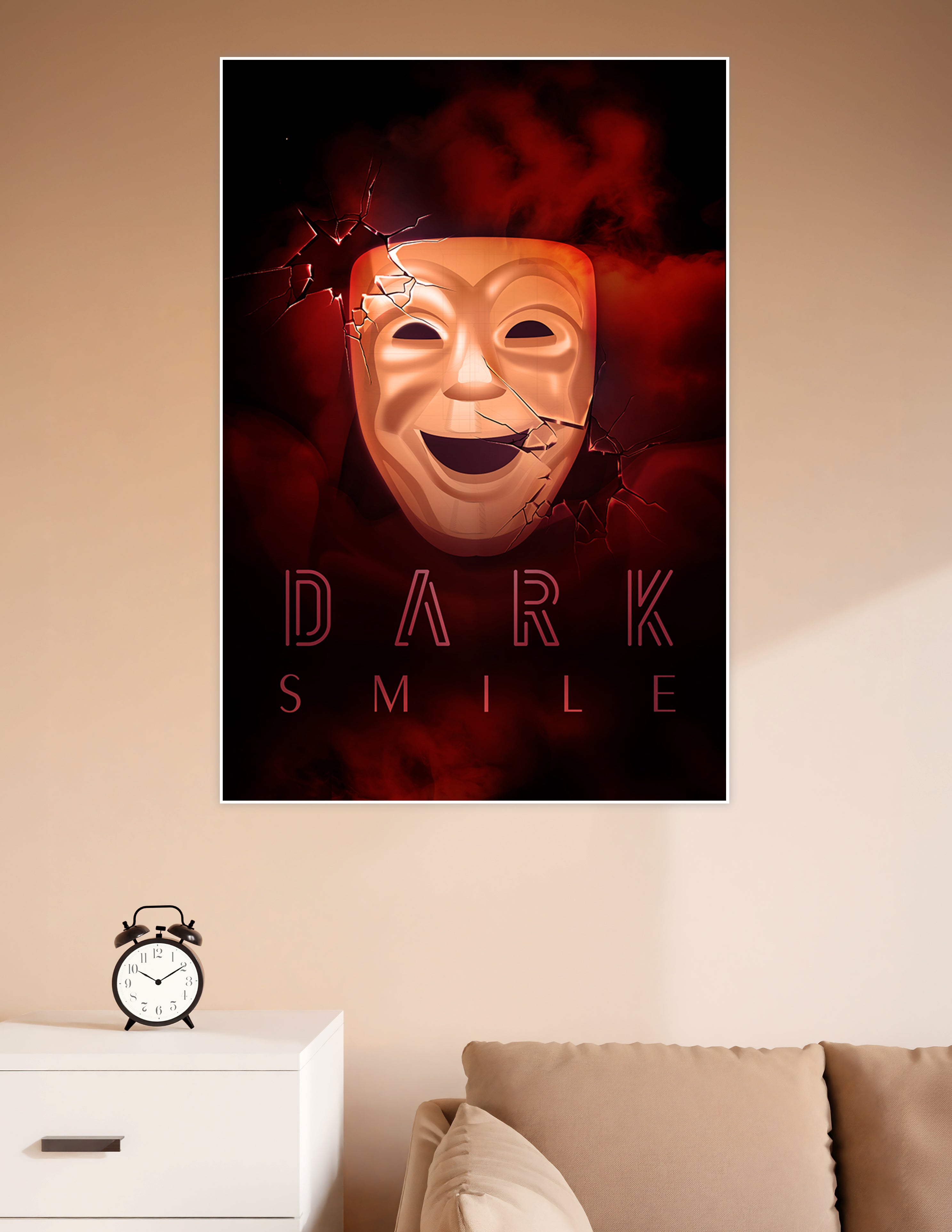 Dark Smile poster featuring a cracked golden comedy mask breaking through a shattered surface surrounded by deep red smoke on a black background