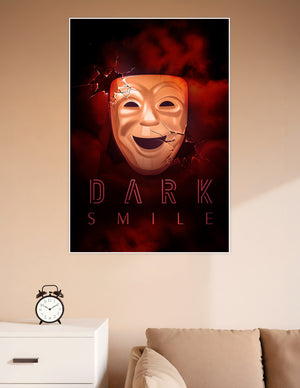 Dark Smile poster featuring a cracked golden comedy mask breaking through a shattered surface surrounded by deep red smoke on a black background