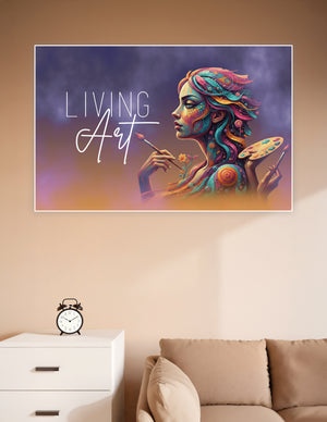 Colorful fantasy illustration of a woman with swirling teal, gold, and pink patterns on her body, holding a paintbrush and artist palette, titled Living Art