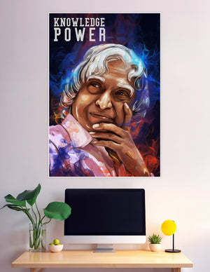 Artistic painted portrait poster of Dr. APJ Abdul Kalam with blue and red flame background and the text Knowledge Power
