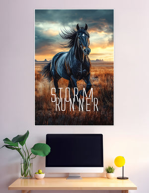 Black stallion running through golden plains at stormy sunset