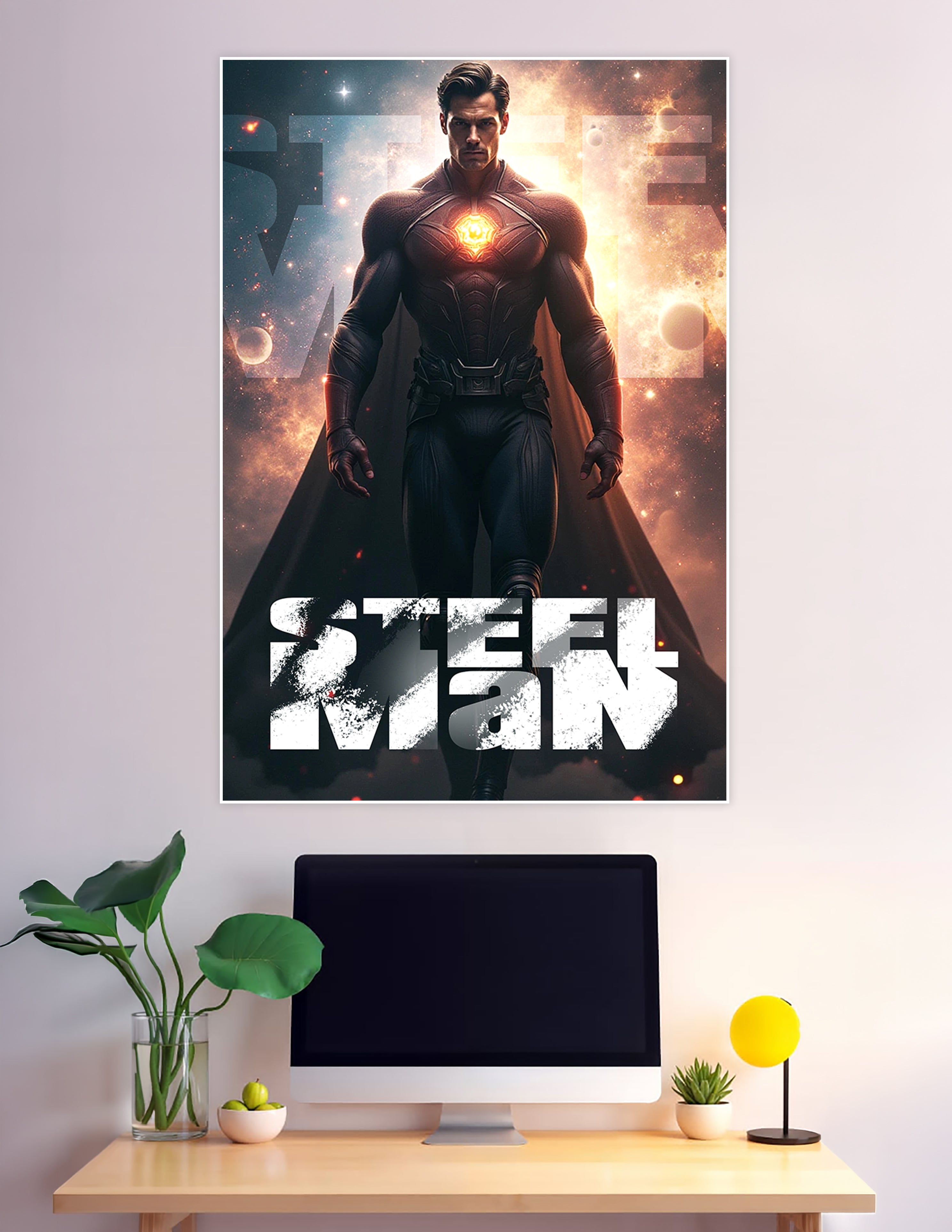 Steel Man superhero poster featuring a caped hero with a glowing chest emblem striding through a cosmic nebula with bold title typography