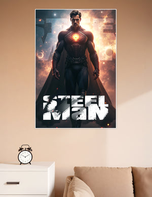 Steel Man superhero poster featuring a caped hero with a glowing chest emblem striding through a cosmic nebula with bold title typography