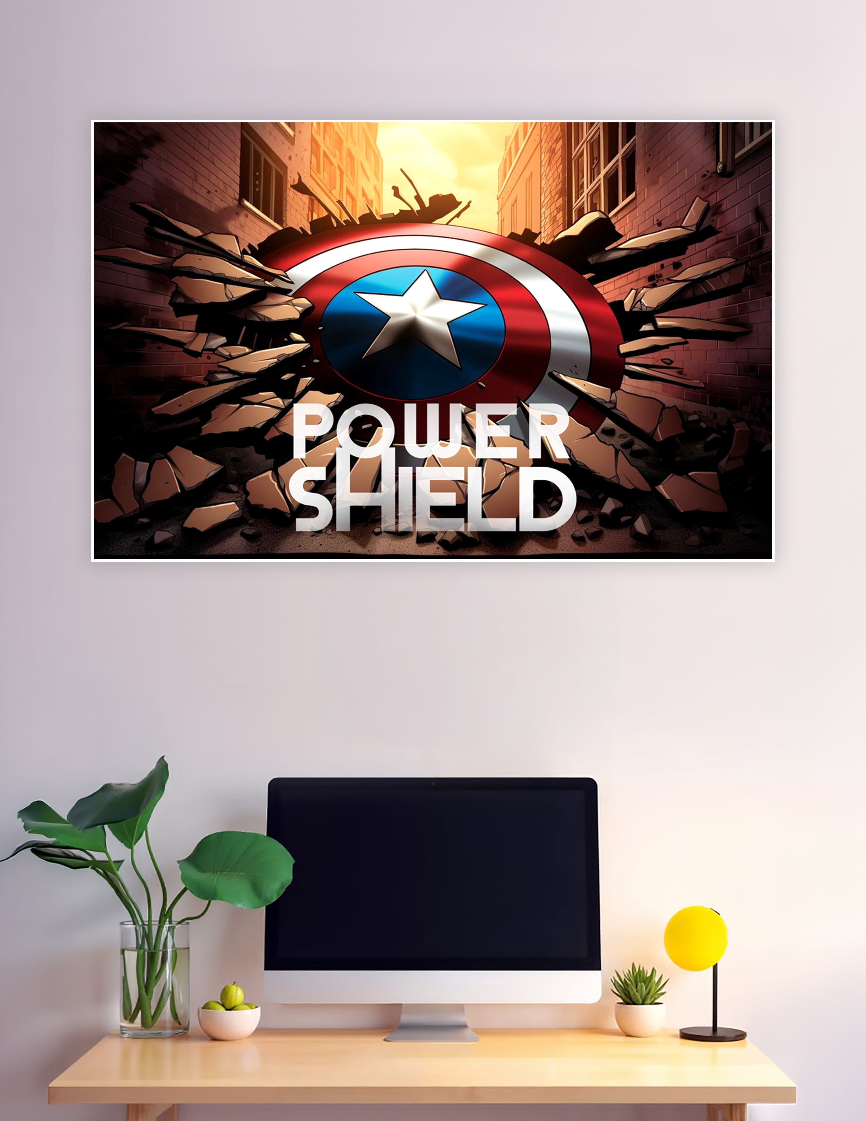 Captain America's iconic red white and blue shield smashing through a brick wall with the text Power Shield in a dramatic urban alley setting