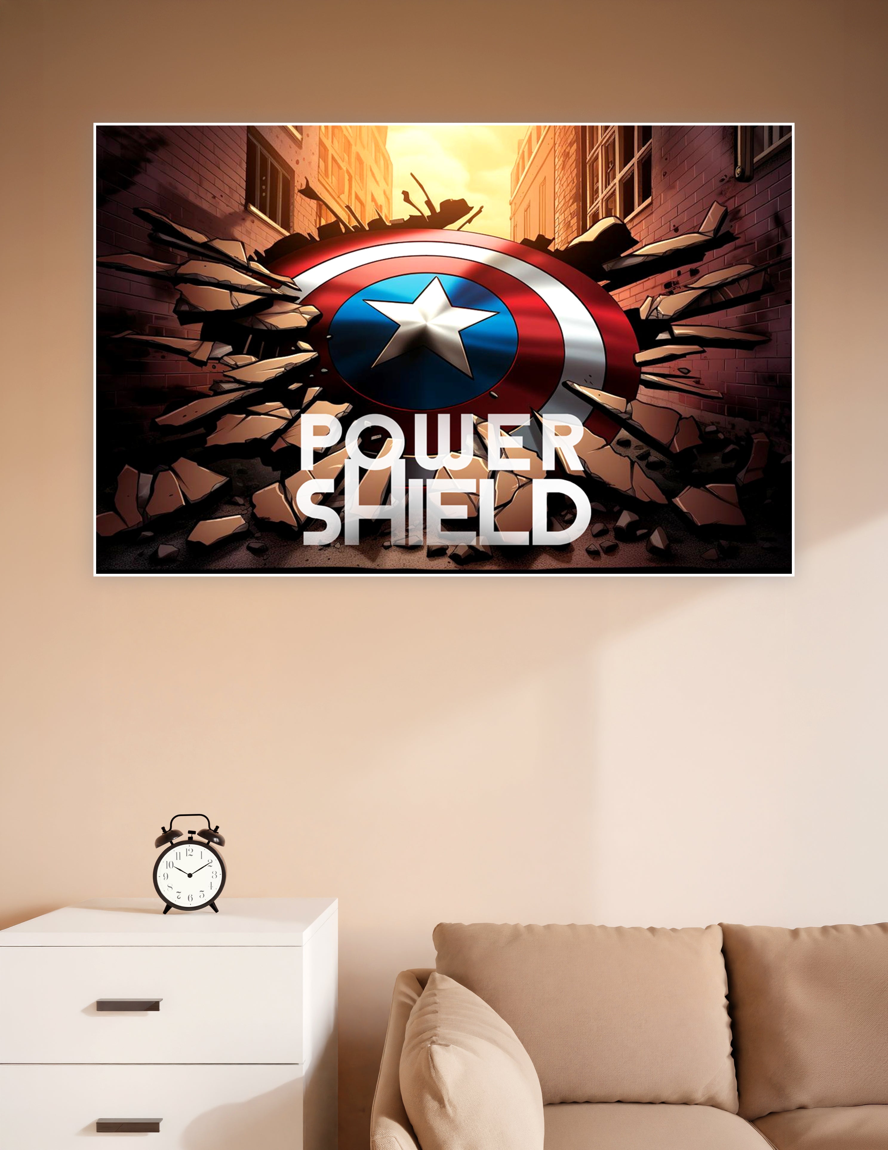 Captain America's iconic red white and blue shield smashing through a brick wall with the text Power Shield in a dramatic urban alley setting