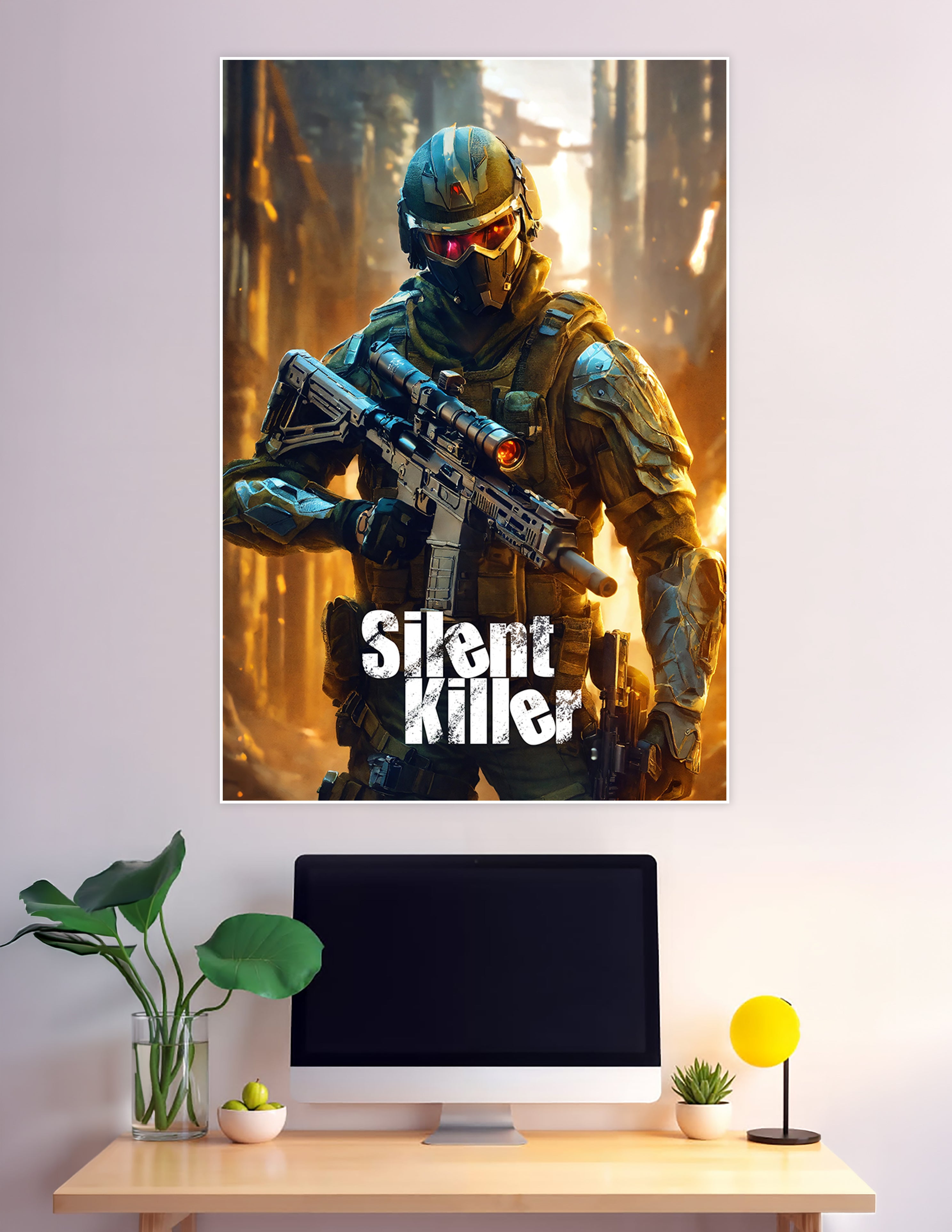 Futuristic armored tactical soldier with glowing red visor holding a rifle in a fiery urban warzone, Silent Killer gaming poster
