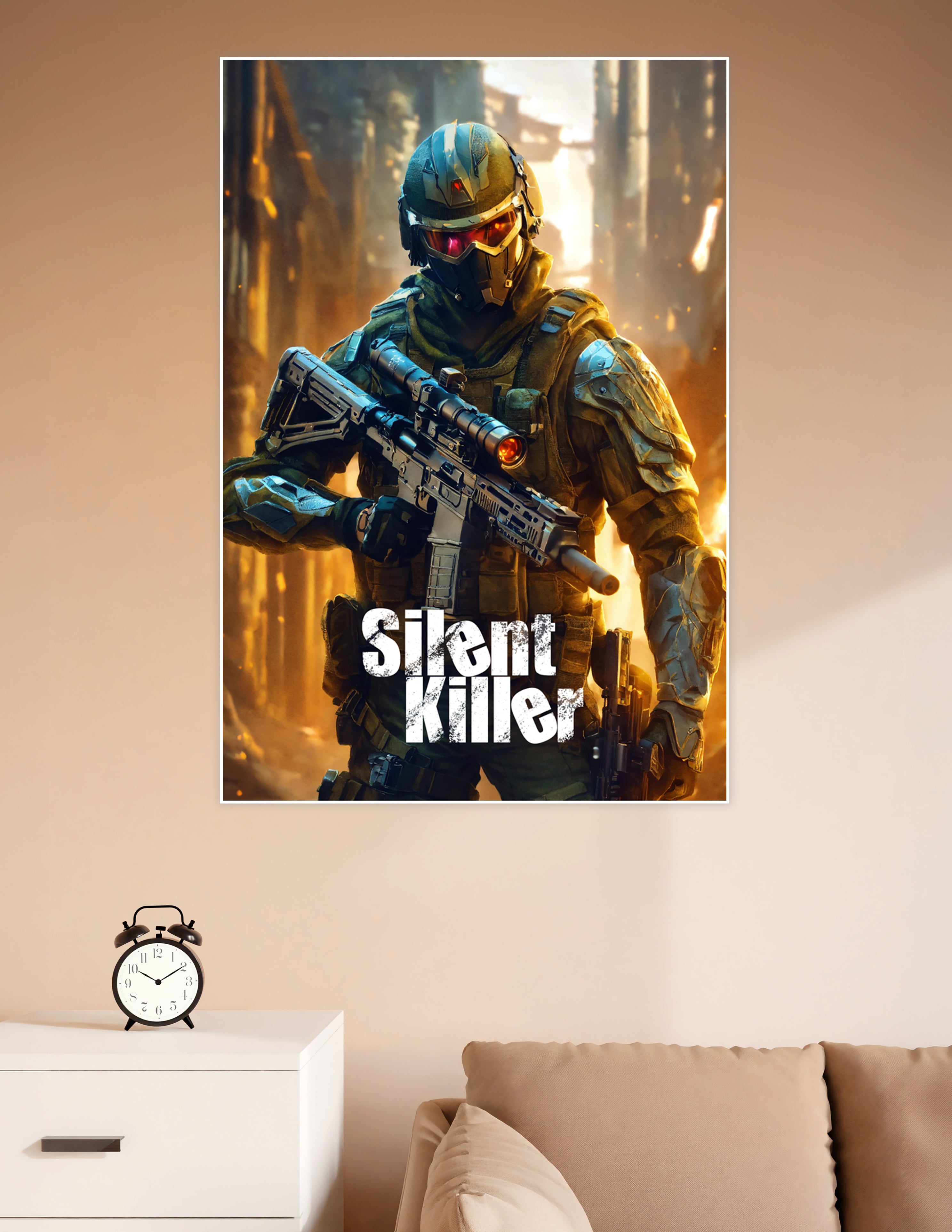 Futuristic armored tactical soldier with glowing red visor holding a rifle in a fiery urban warzone, Silent Killer gaming poster