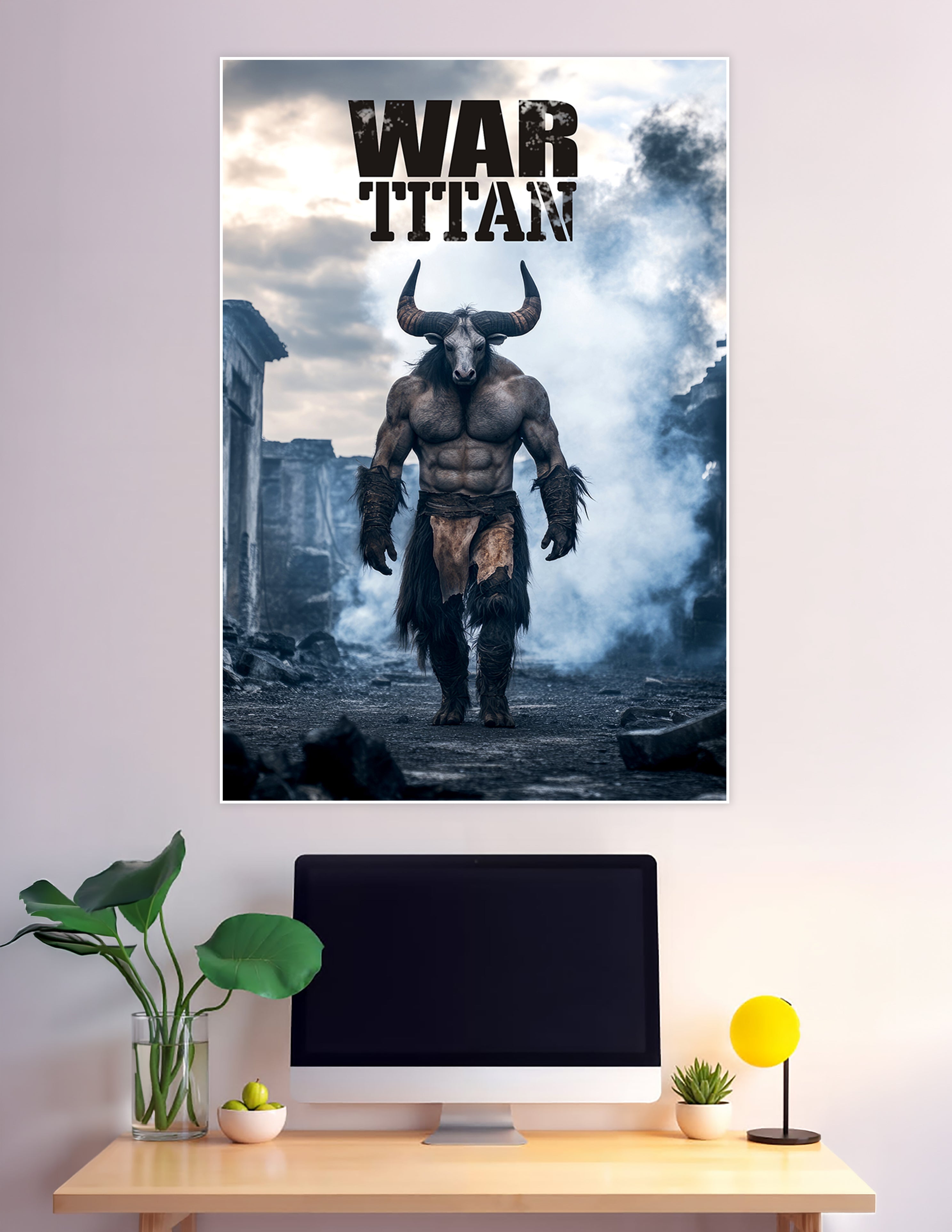 A muscular minotaur war titan walking through smoky ancient ruins with bold 'War Titan' text above, dramatic blue-grey cinematic poster art