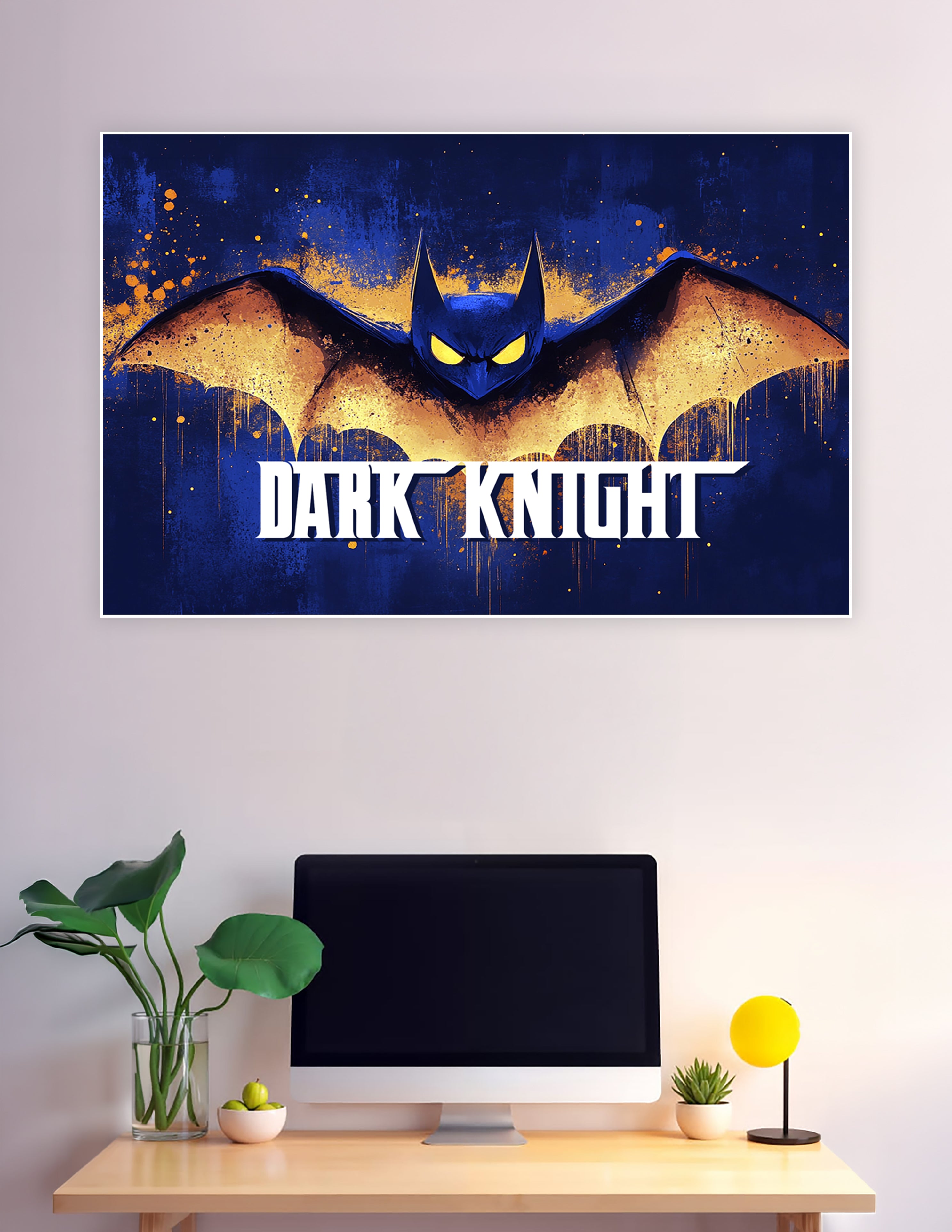 Dark Knight Batman grunge poster with glowing yellow eyes, gold and blue splatter art, and bold Dark Knight typography on deep blue background