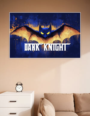 Dark Knight Batman grunge poster with glowing yellow eyes, gold and blue splatter art, and bold Dark Knight typography on deep blue background