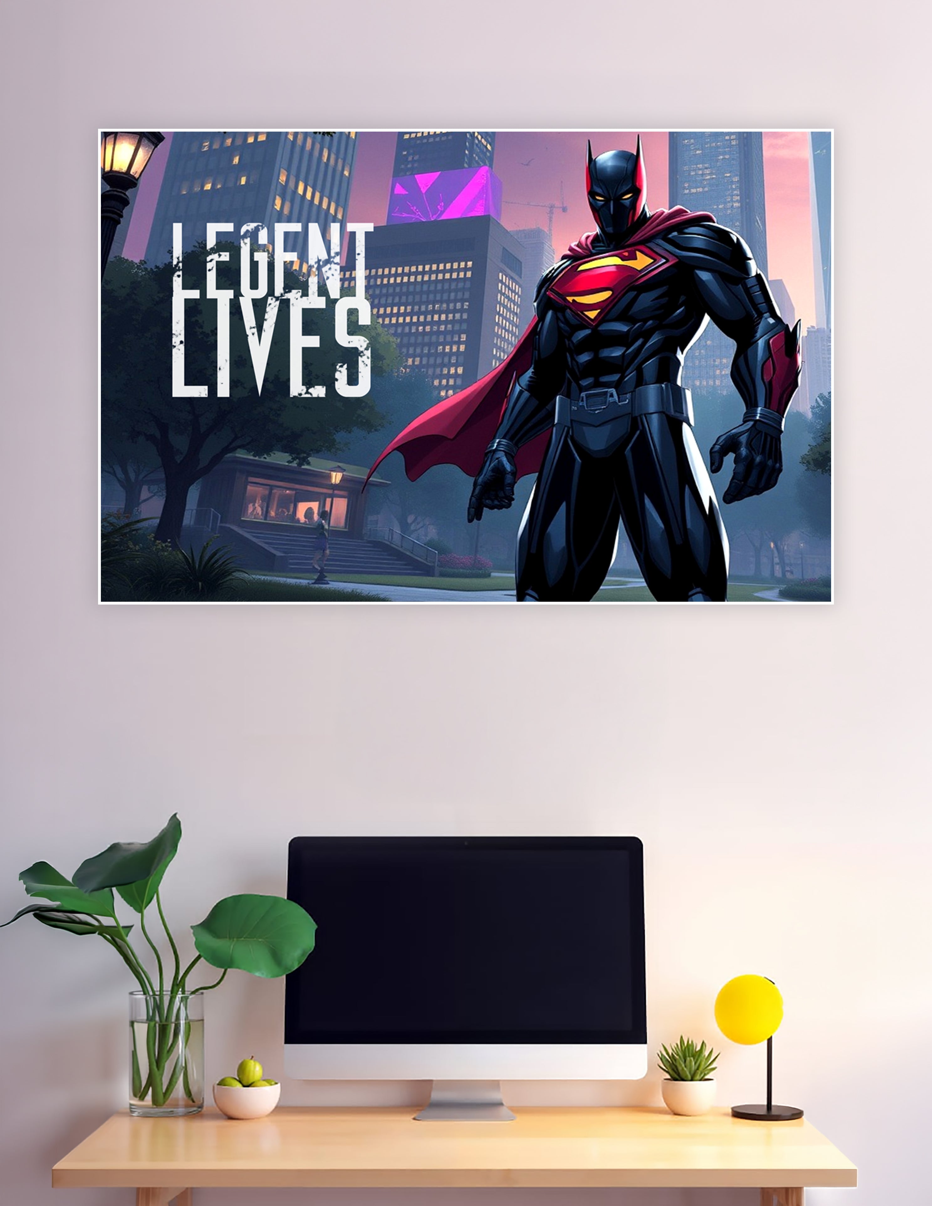 Dark armored superhero wearing bat cowl and Superman shield standing in front of a glowing city skyline at dusk with red cape and text reading Legend Lives