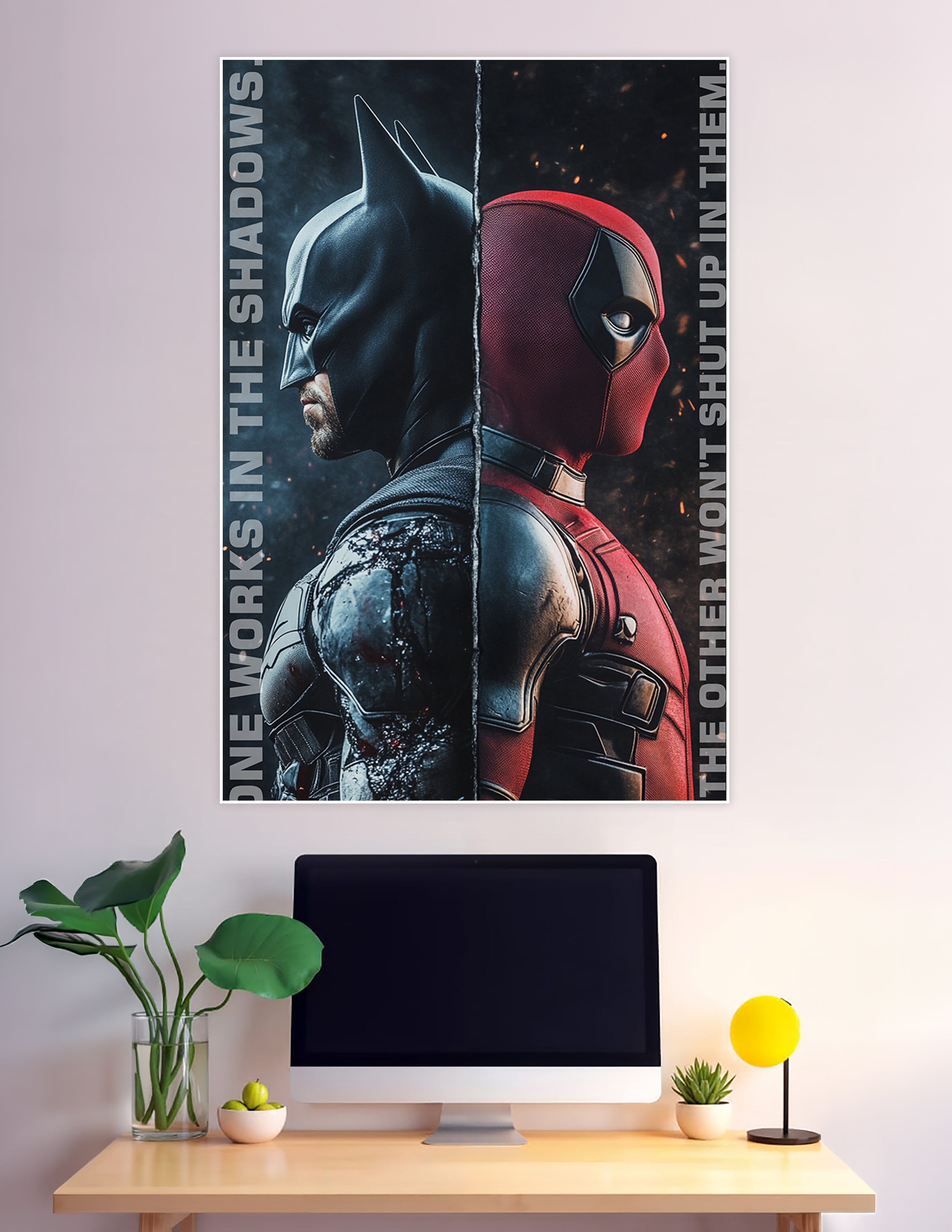Batman and Deadpool back-to-back split portrait poster