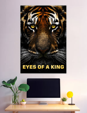 Close-up tiger face poster with golden eyes on black