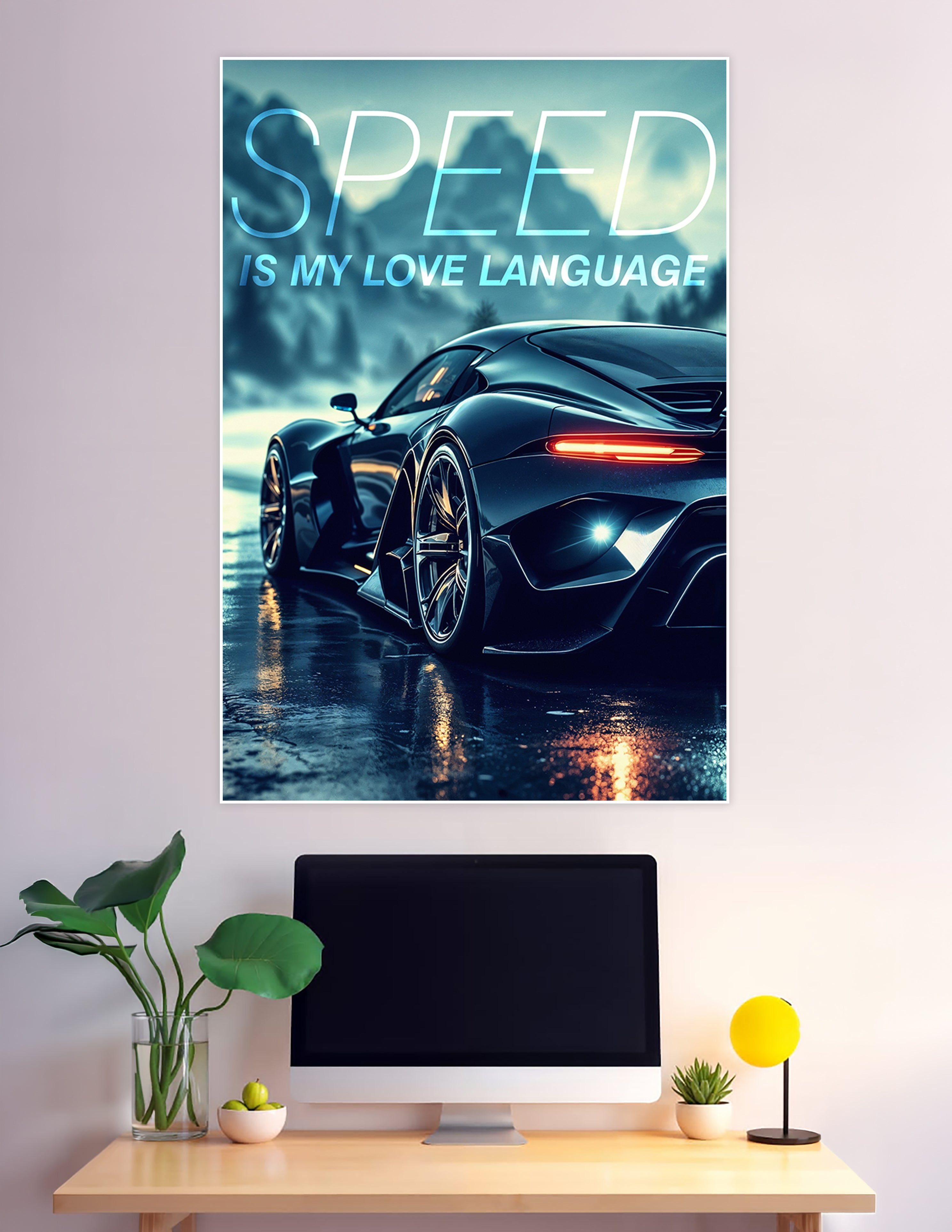 Black supercar poster with speed is my love language text