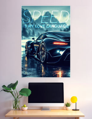 Black supercar poster with speed is my love language text