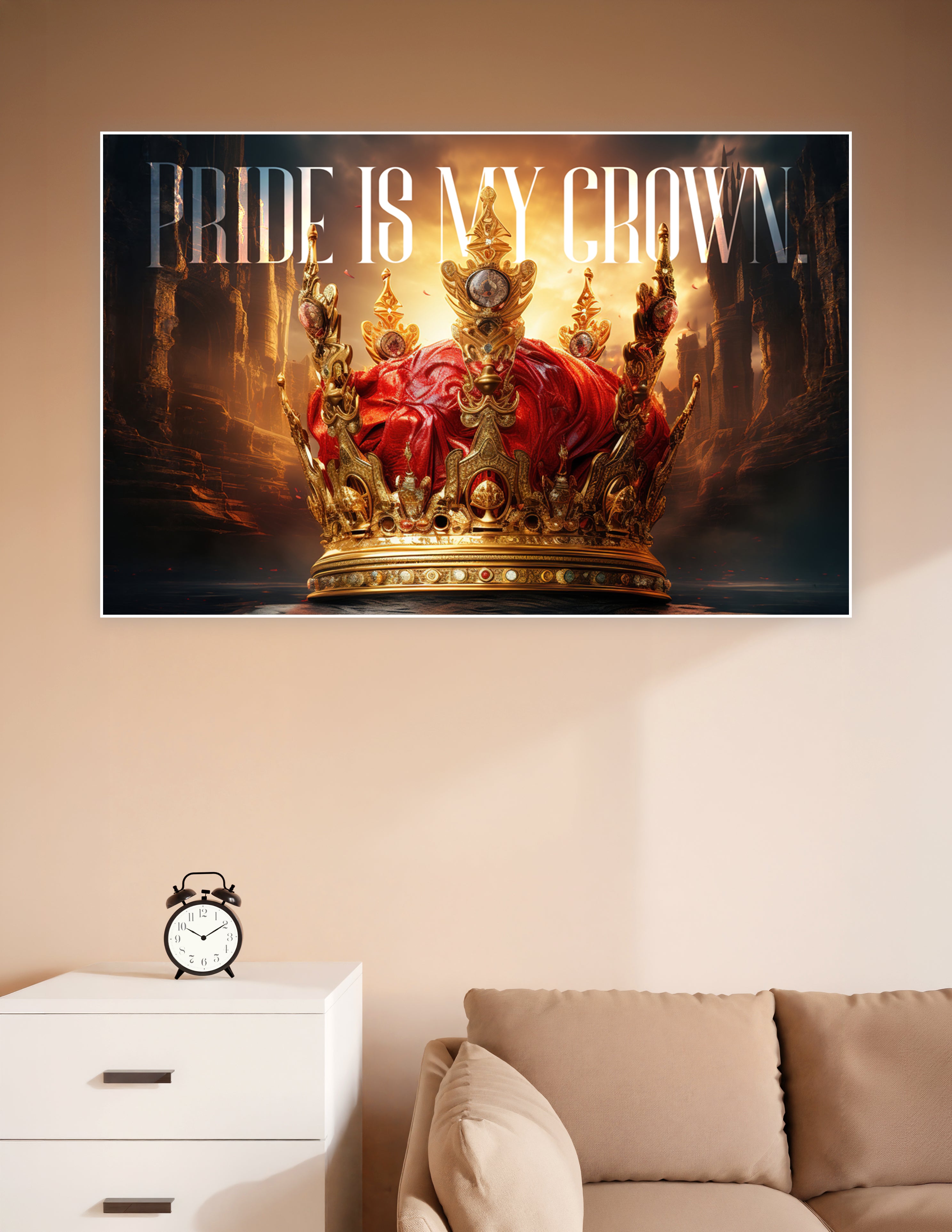 Ornate golden crown draped in red fabric with the text 'Pride Is My Crown' against a dramatic dark fantasy backdrop – motivational wall poster