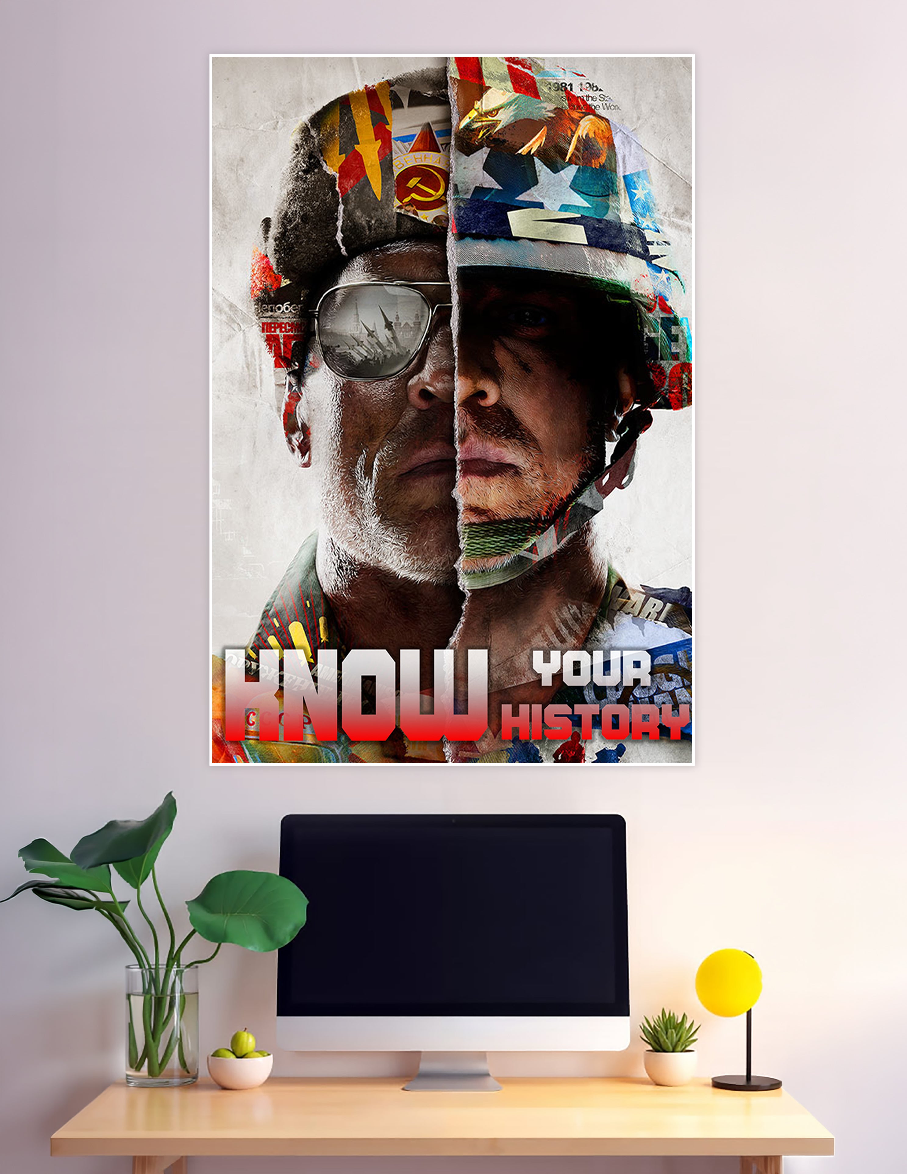 Split-face Cold War soldier poster with Soviet and American imagery