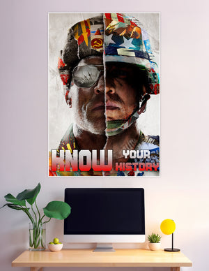 Split-face Cold War soldier poster with Soviet and American imagery