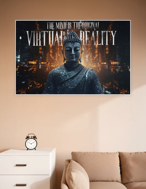 A dark, intricately carved Buddha statue set against a glowing cyberpunk cityscape with the quote 'The Mind Is The Original Virtual Reality' in bold typography