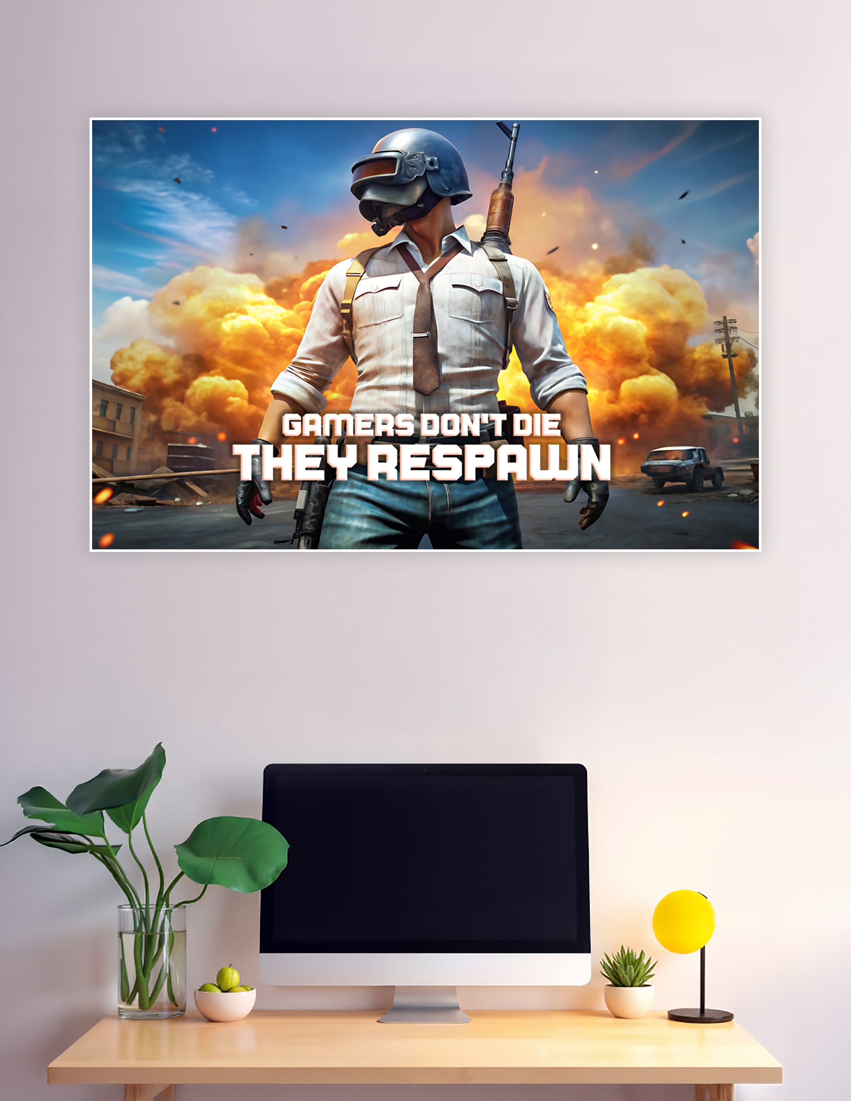 PUBG soldier explosion gaming poster with respawn quote