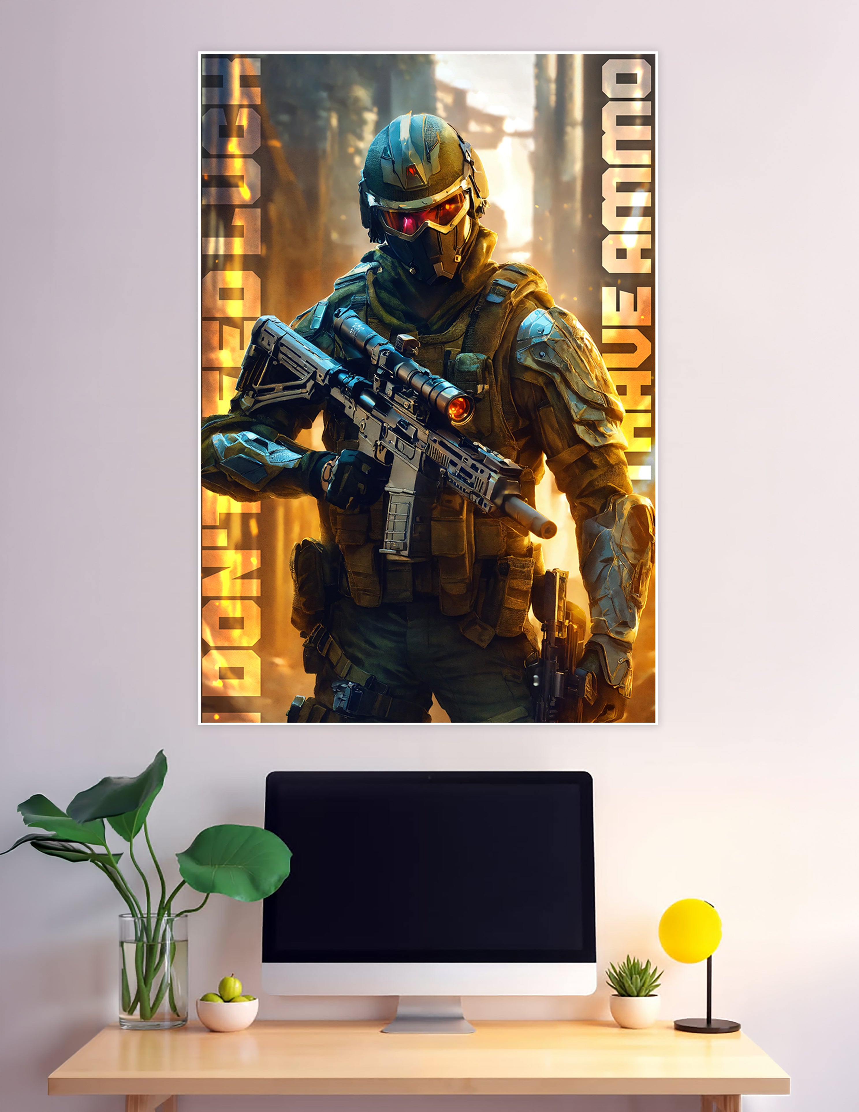 Futuristic cyber soldier in tactical armor with glowing red visor holding a rifle, surrounded by fire and bold text reading Don't Need Ammo, gaming wall poster