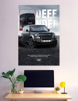Land Rover Defender V8 supercharged SUV dramatic off-road poster with front and rear views and performance specs