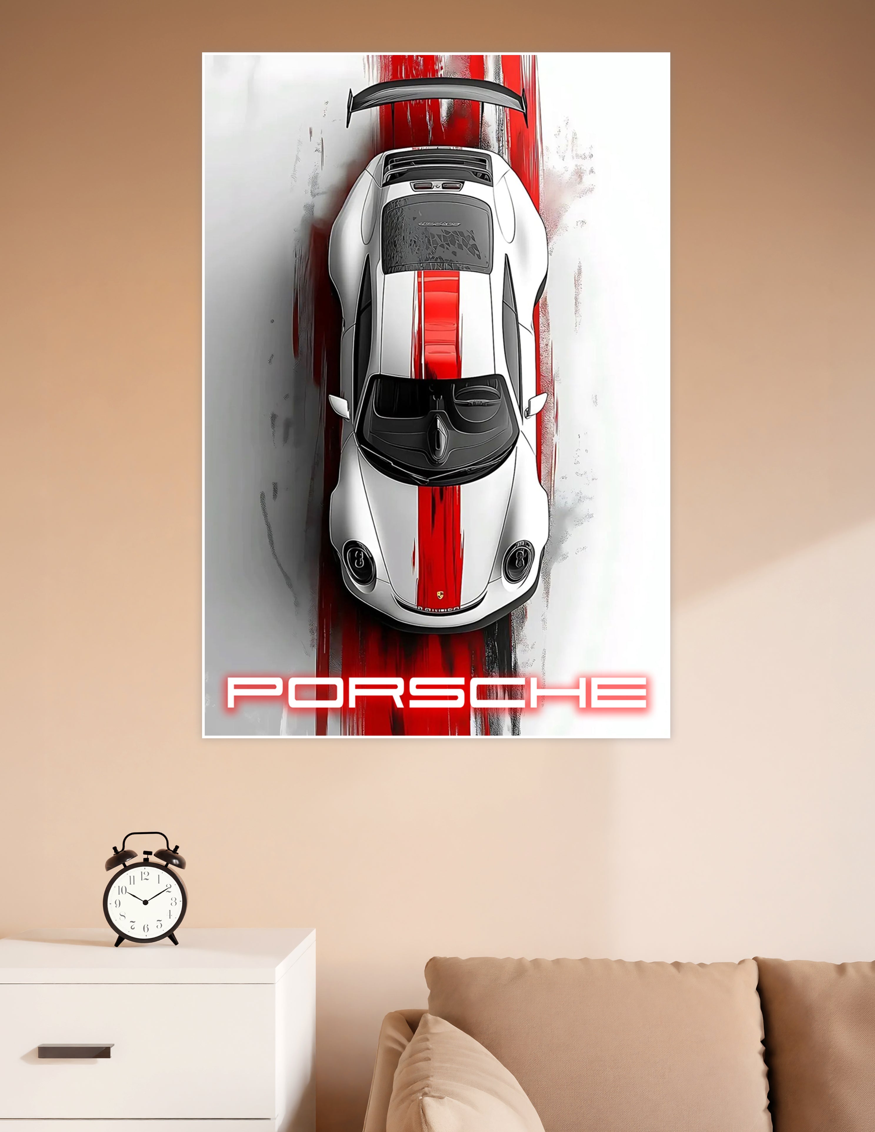 Top-down artistic poster of a white Porsche 918 Spyder with a bold red racing stripe on a white background with the Porsche logo