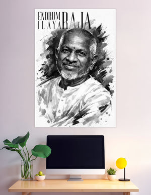 Black and white watercolor style portrait poster of legendary Indian music composer Ilayaraja with bold brush stroke background and 'Endrum Ilayaraja' text