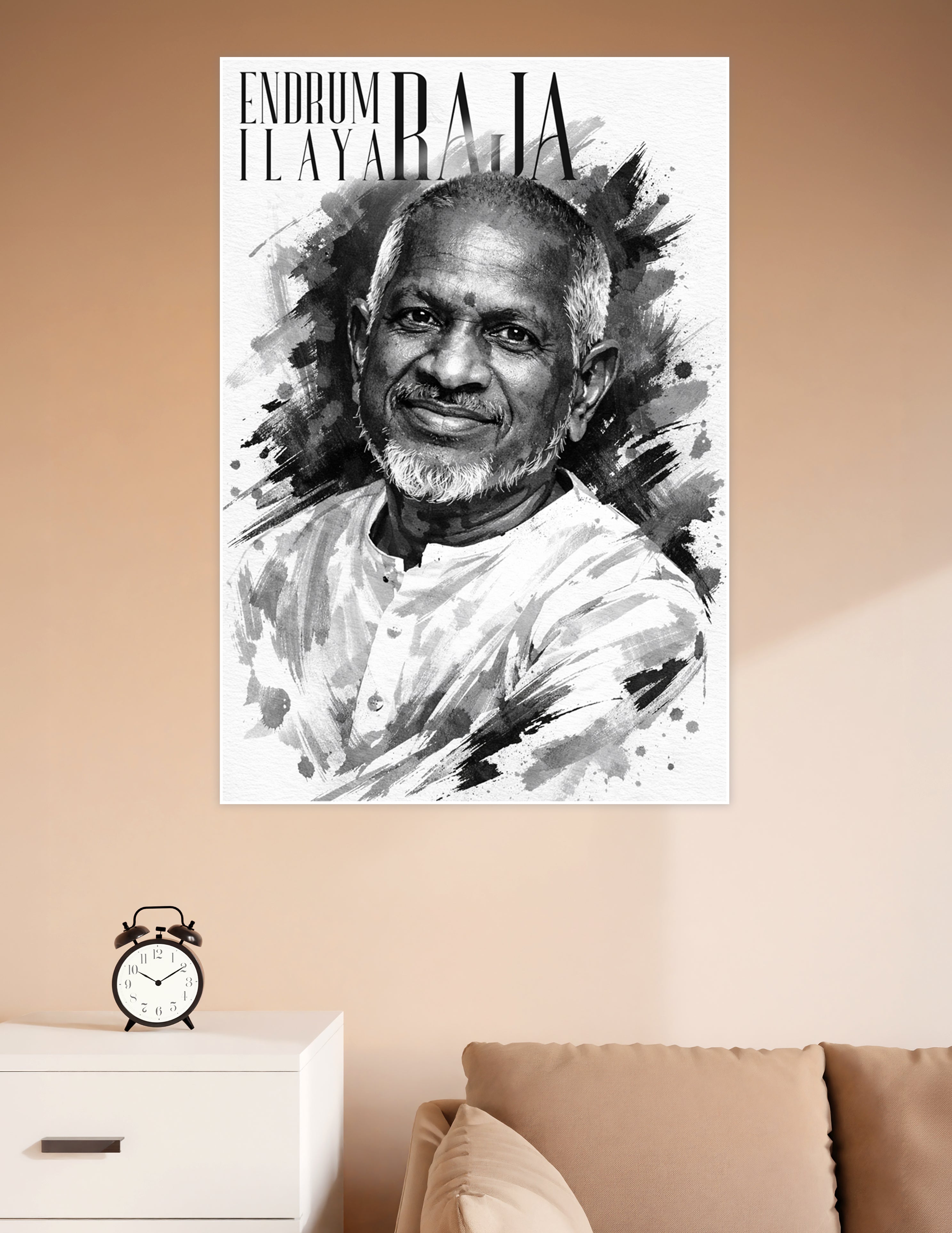 Black and white watercolor style portrait poster of legendary Indian music composer Ilayaraja with bold brush stroke background and 'Endrum Ilayaraja' text