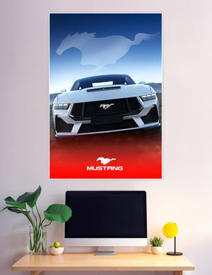 Front-facing white Ford Mustang sports car poster with blue starlit sky background and running horse logo