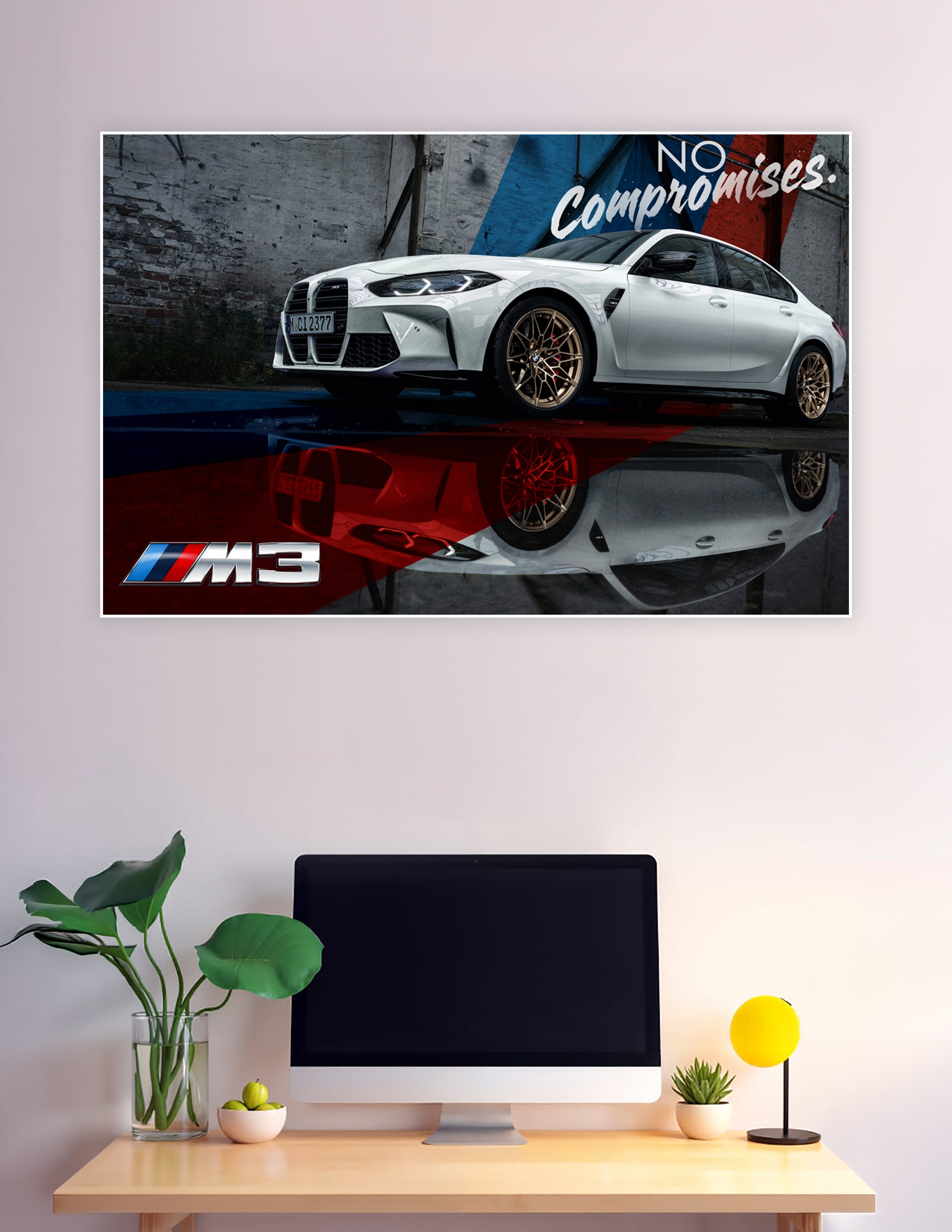 White BMW M3 sports car poster with gold wheels