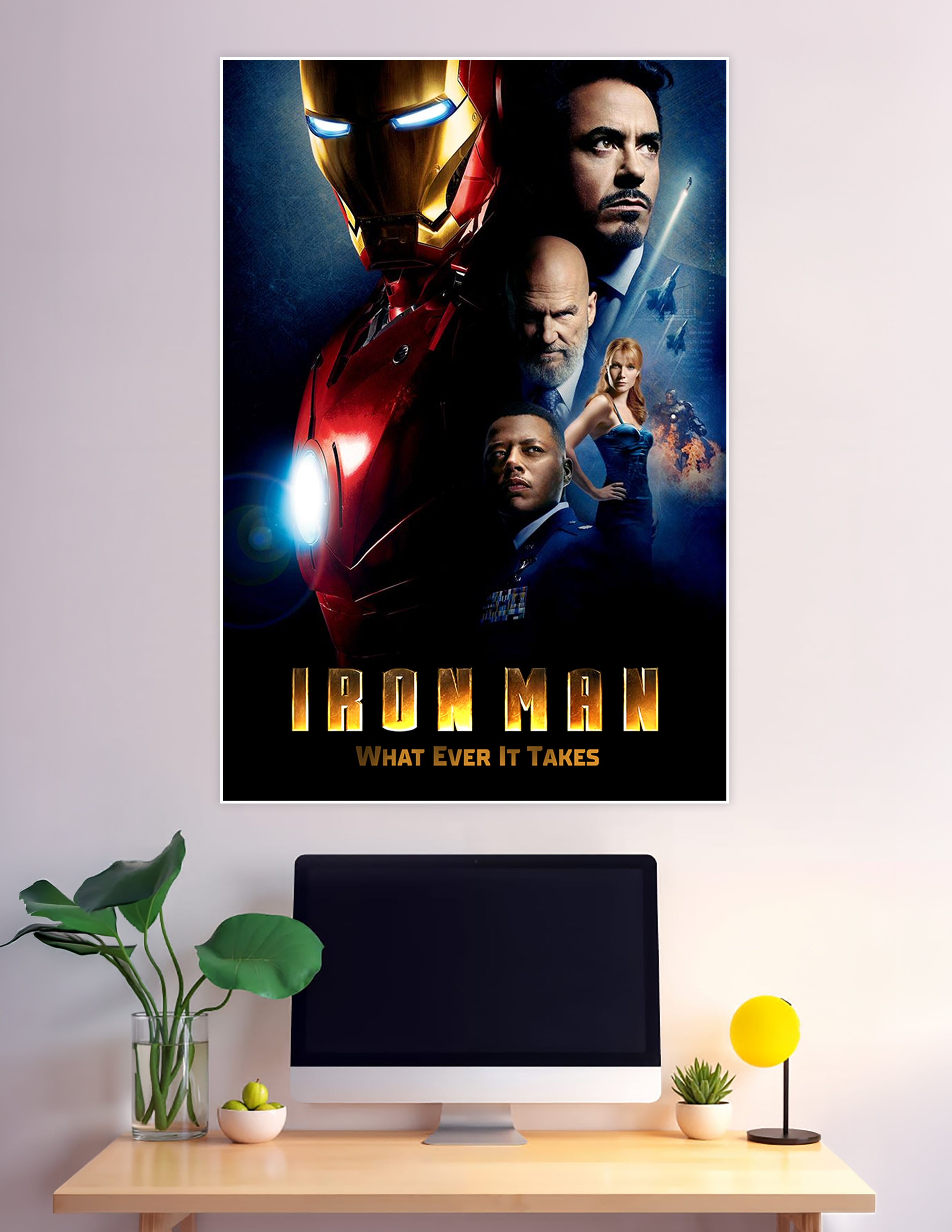 Iron Man What Ever It Takes movie poster featuring the red and gold Iron Man armor with glowing blue eyes and key Marvel characters on a dark cinematic background