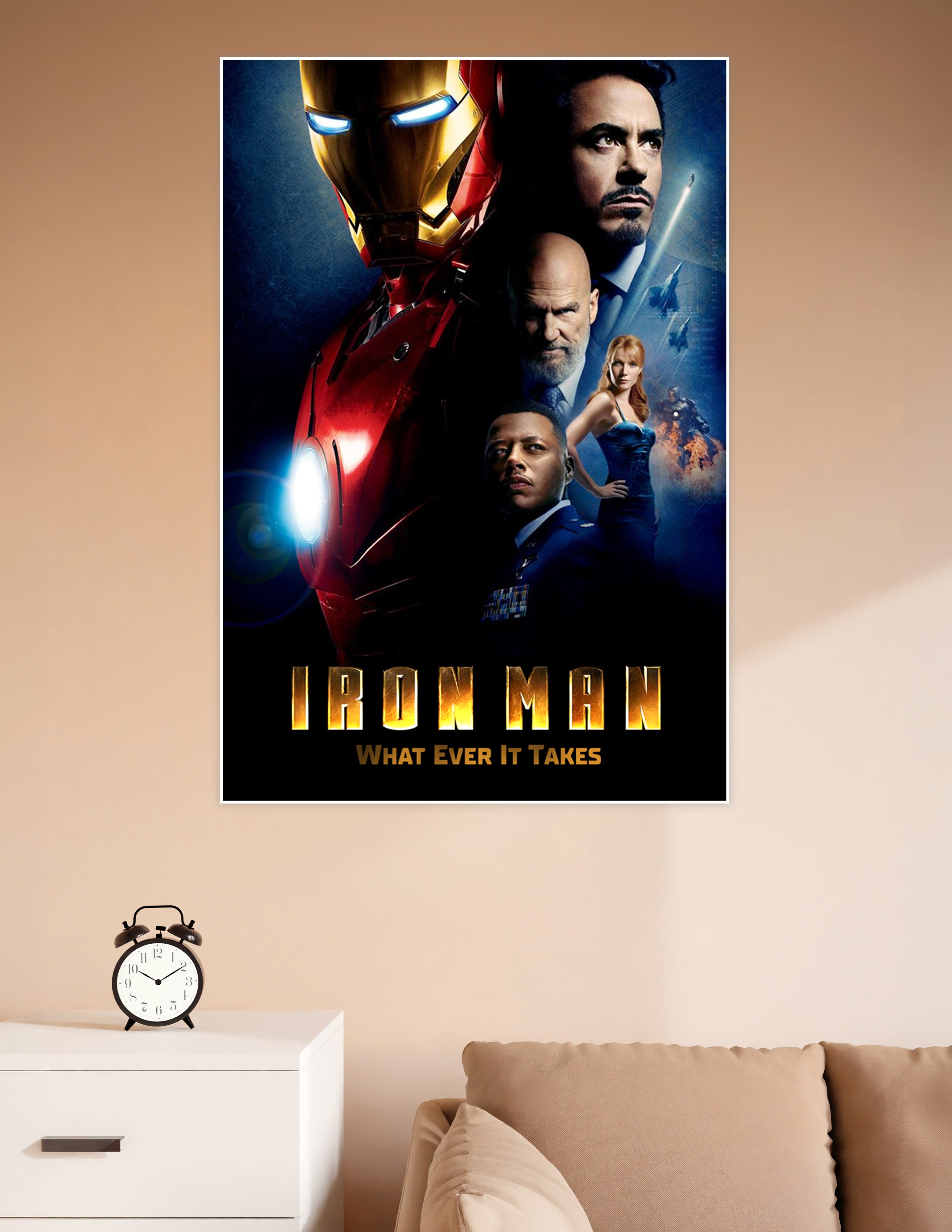 Iron Man What Ever It Takes movie poster featuring the red and gold Iron Man armor with glowing blue eyes and key Marvel characters on a dark cinematic background