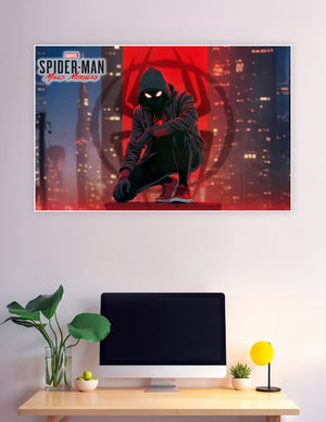 Miles Morales Spider-Man in a black hoodie crouching against a glowing red New York City skyline with the spider symbol in the background