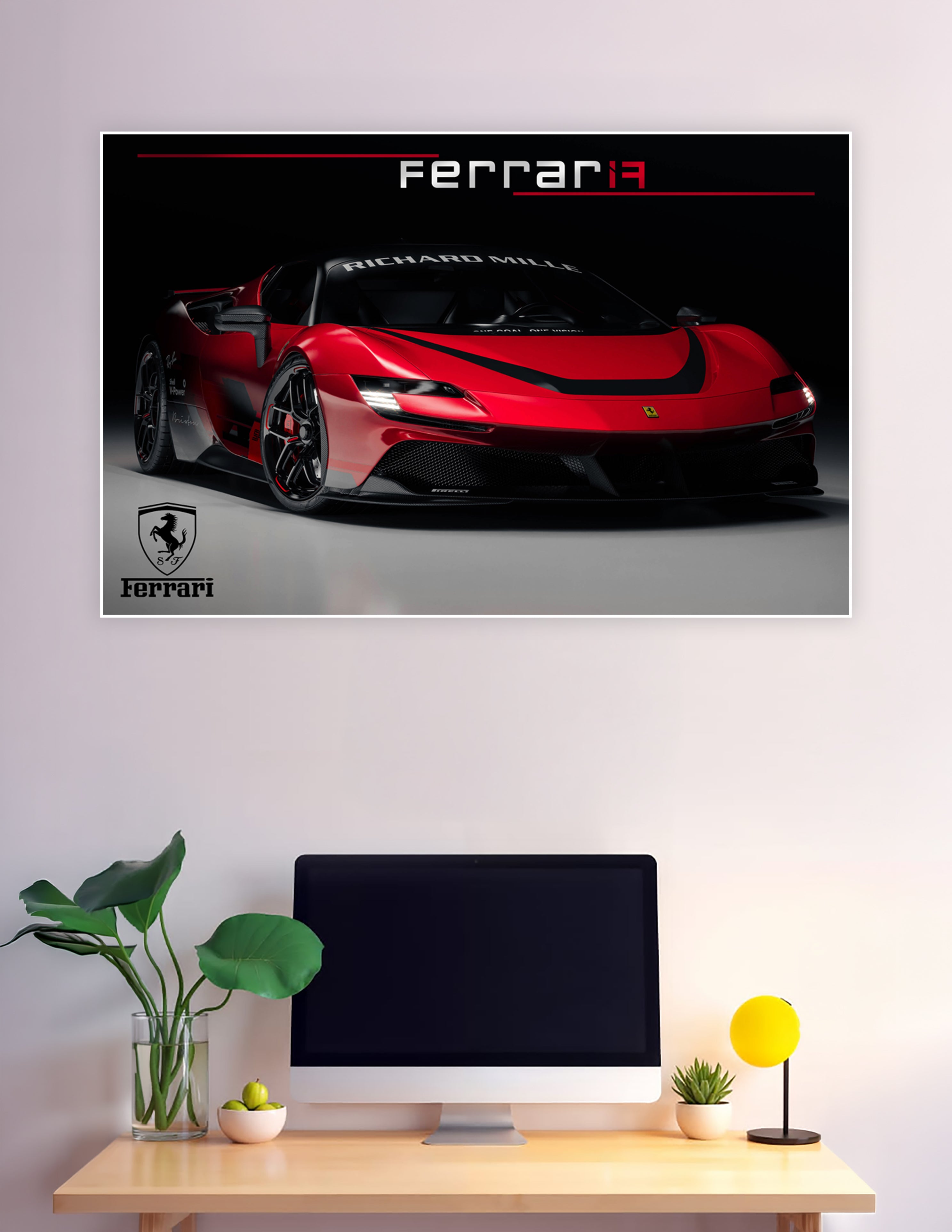 Ferrari F19 concept supercar poster in Rosso Corsa red with black aerodynamic accents, Richard Mille windshield branding, and Ferrari prancing horse logo on dark studio background