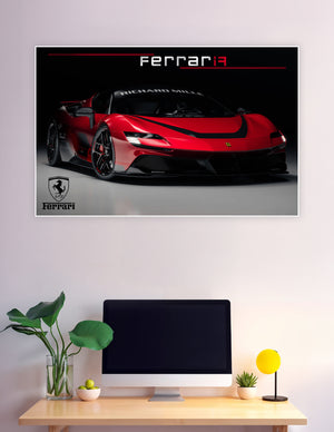Ferrari F19 concept supercar poster in Rosso Corsa red with black aerodynamic accents, Richard Mille windshield branding, and Ferrari prancing horse logo on dark studio background