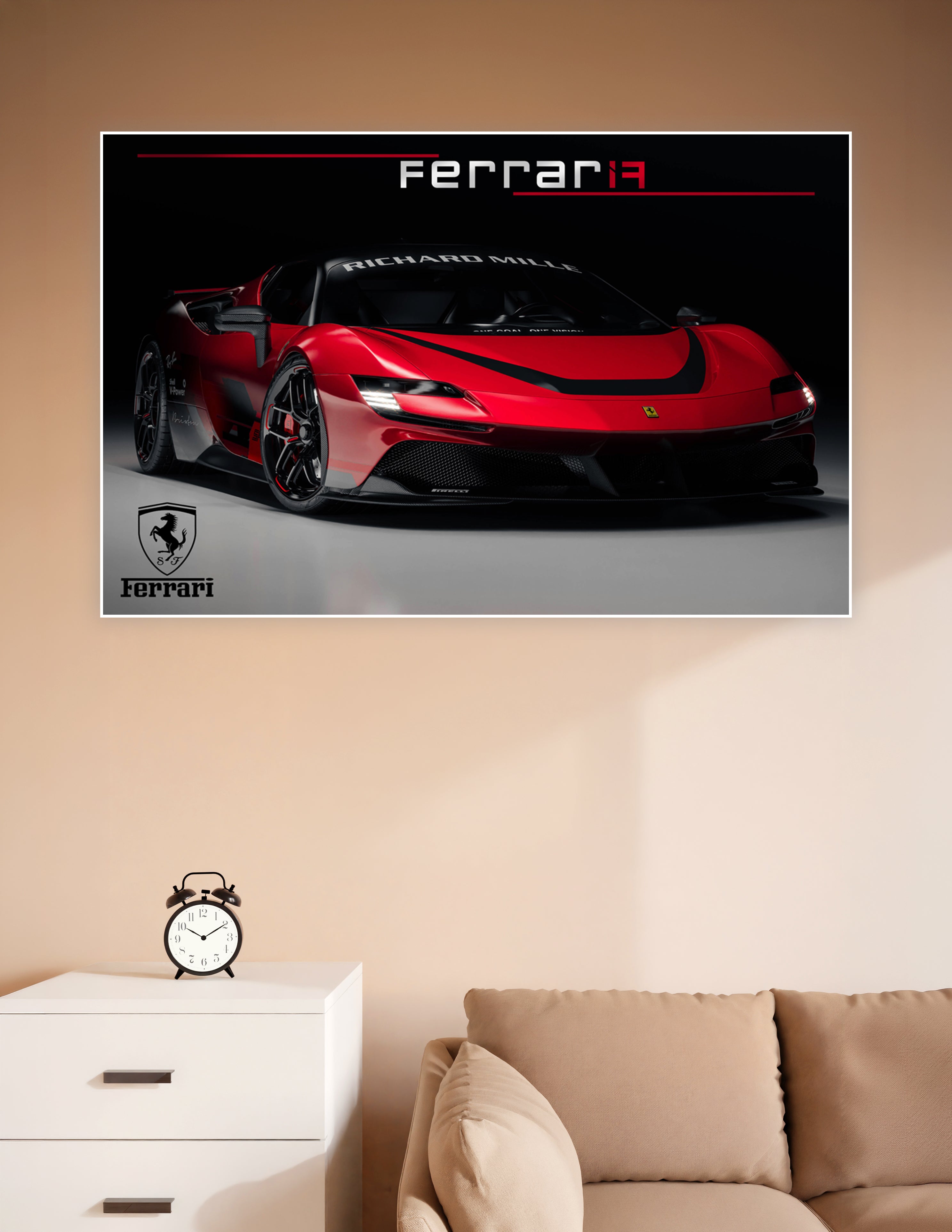 Ferrari F19 concept supercar poster in Rosso Corsa red with black aerodynamic accents, Richard Mille windshield branding, and Ferrari prancing horse logo on dark studio background