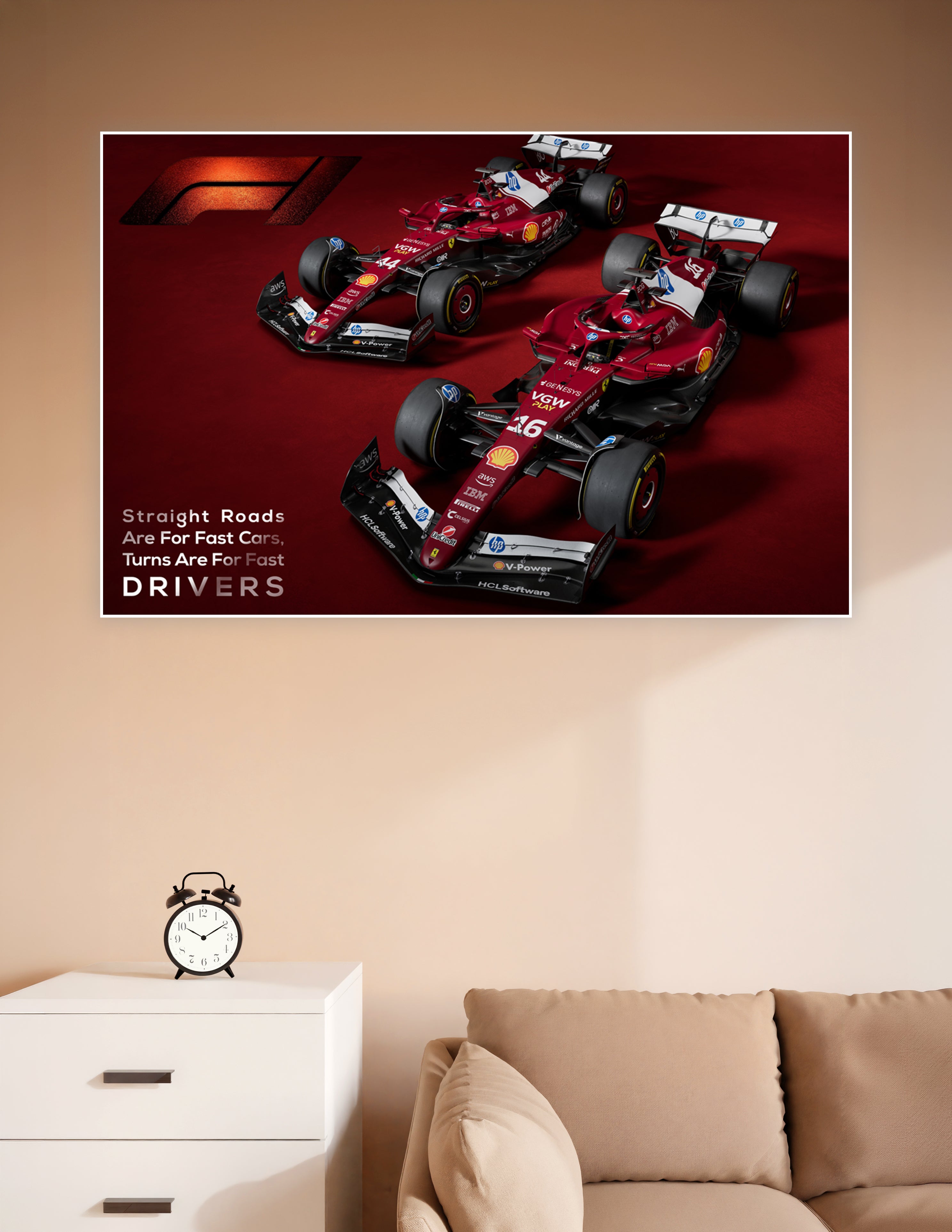 Two Ferrari Formula 1 cars in iconic red livery with sponsors on a dark red background and the motivational quote Straight Roads Are For Fast Cars Turns Are For Fast Drivers