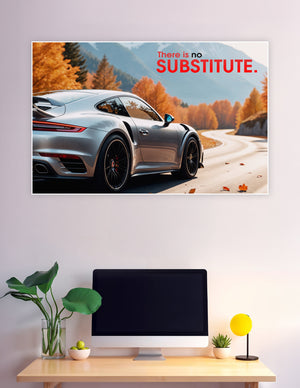 Silver Porsche 911 Turbo on an autumn mountain road with the text 'There is no SUBSTITUTE' — premium automotive wall poster