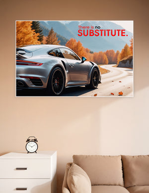 Silver Porsche 911 Turbo on an autumn mountain road with the text 'There is no SUBSTITUTE' — premium automotive wall poster