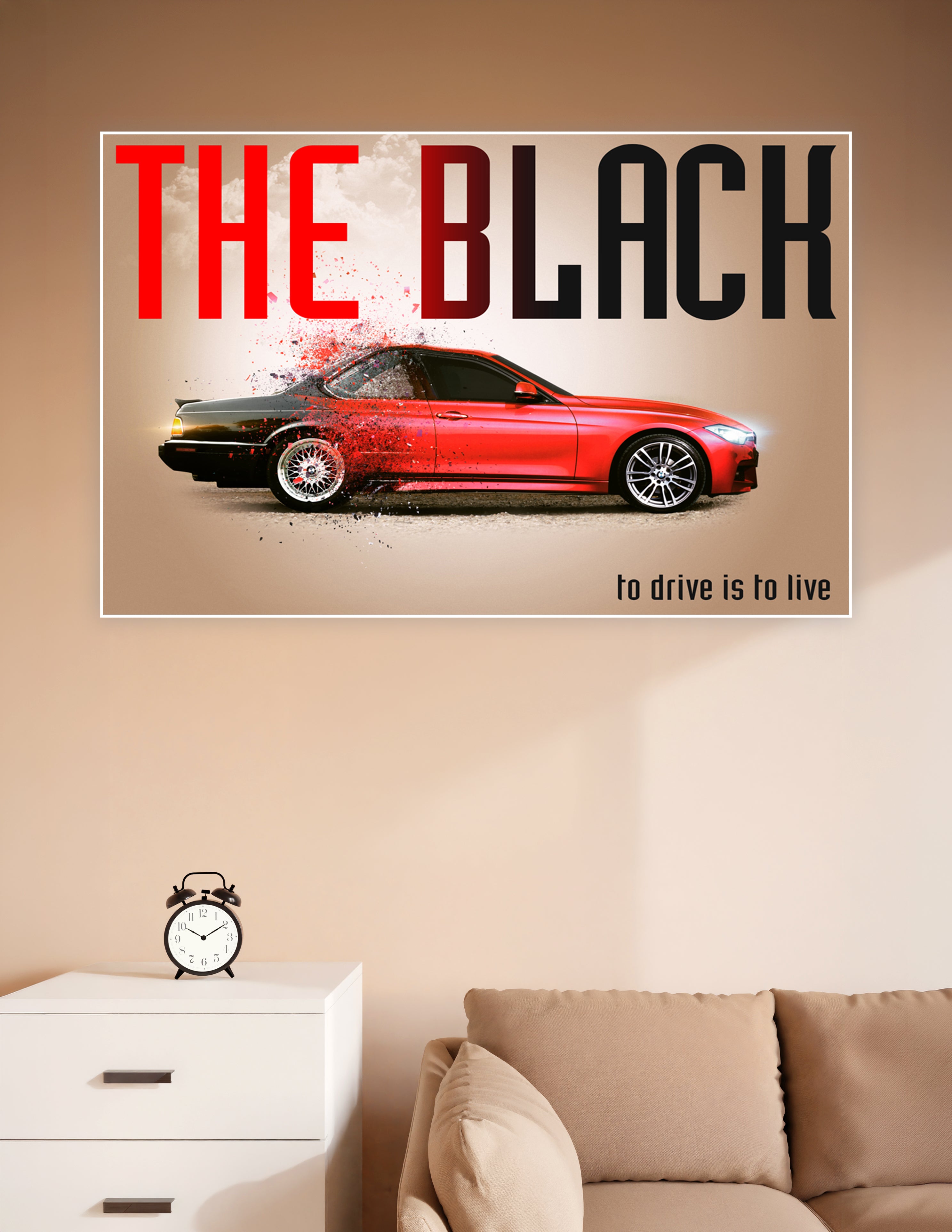 Dramatic poster showing a vintage black muscle car transforming into a red BMW with a dispersion effect, titled The Black with tagline to drive is to live