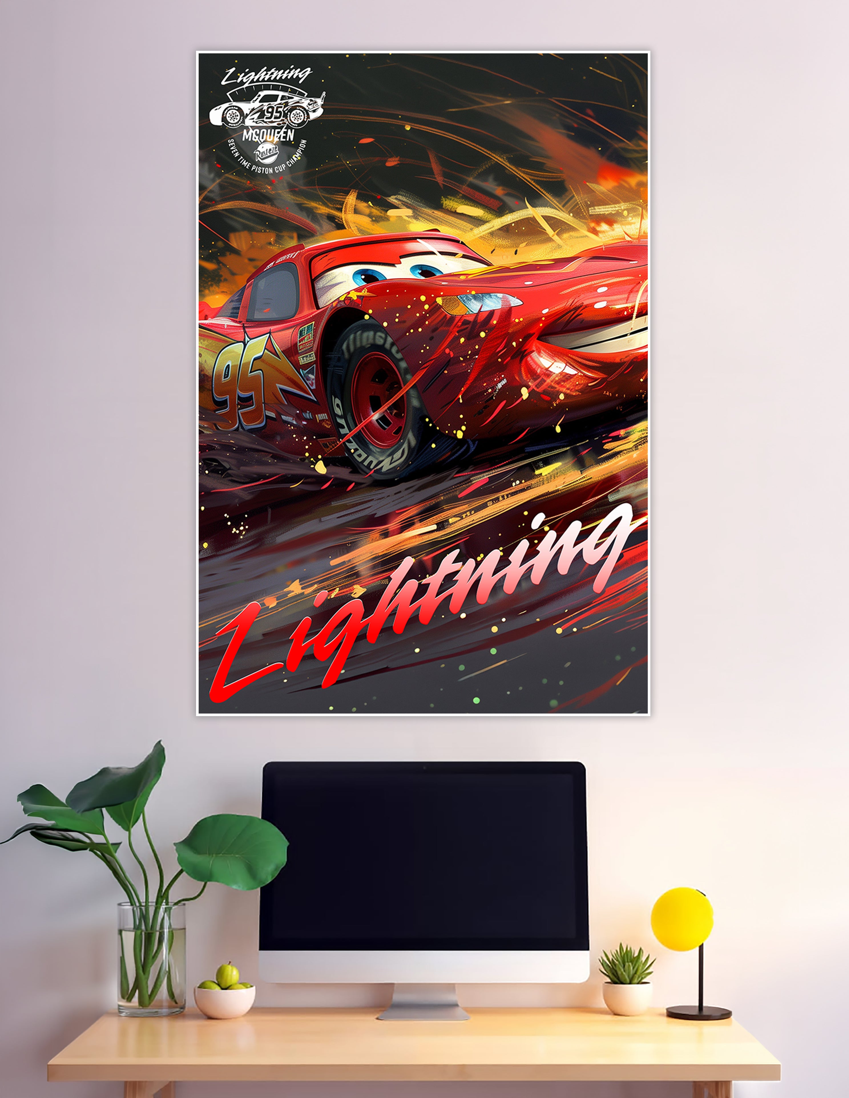 Lightning McQueen No. 95 red race car speeding through flames in a dynamic Pixar Cars fan art poster